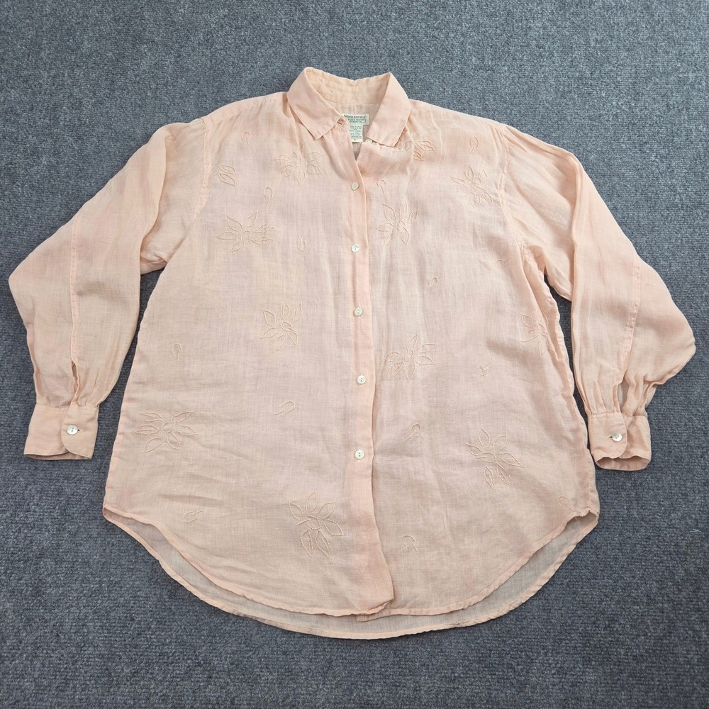 Vintage Banana Republic Safari Linen Button Up Shirt Embroidered Floral S Peach